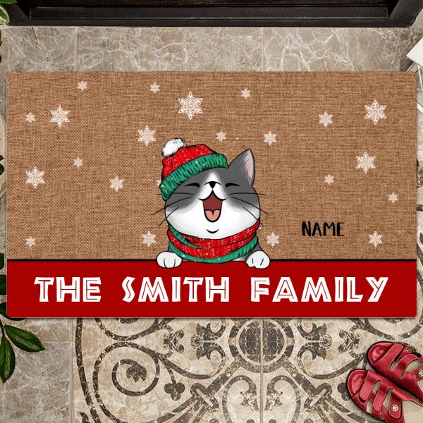 Christmas Personalized Doormat, Gifts For Cat Lovers, Cats In Snow Family Name Front Door Mat