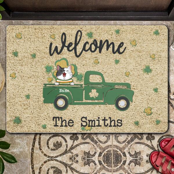 St. Patrick's Day Personalized Doormat, Gifts For Cat Lovers, Welcome Cats In Green Truck Outdoor Door Mat