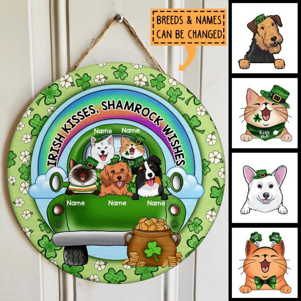St. Patrick's Day Custom Wooden Signs, Gifts For Pet Lovers, Irish Kisses Shamrock Wishes Custom Signs Outdoor