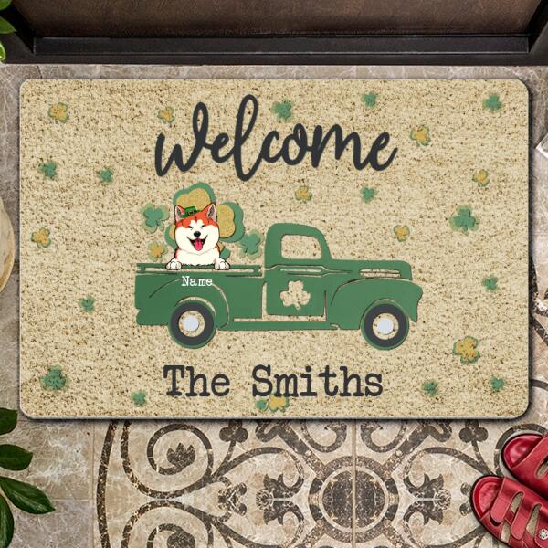 St. Patrick's Day Personalized Doormat, Gifts For Dog Lovers, Welcome Dogs In Green Truck Outdoor Door Mat