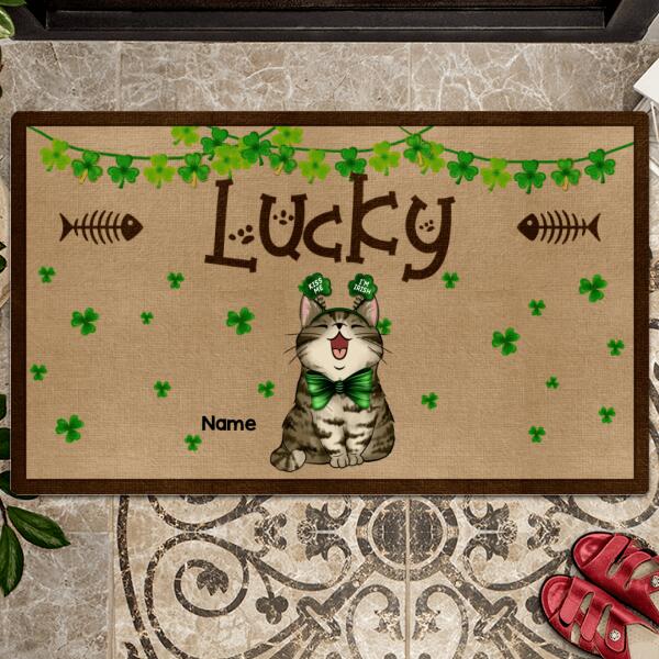 St. Patrick's Day Personalized Doormat, Gifts For Cat Lovers, Lucky Shamrocks Decor Outdoor Door Mat