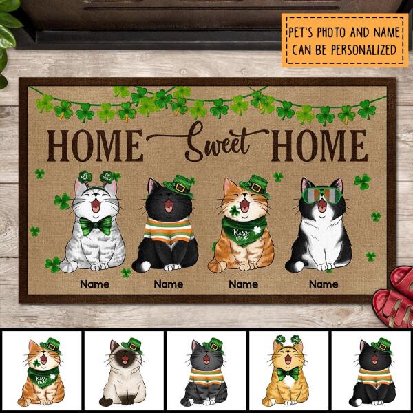 St. Patrick's Day Personalized Doormat, Gifts For Cat Lovers, Home Sweet Home Shamrocks Decor Outdoor Door Mat