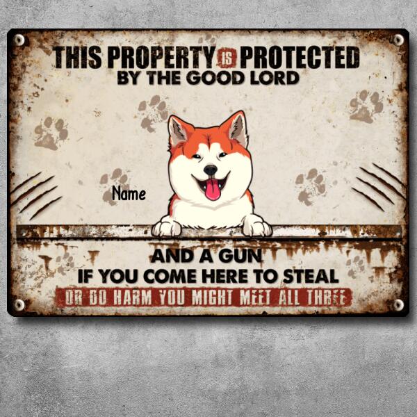 Pawzity Warning Metal Yard Sign, Gifts For Dog Lovers, This Property Is Protected By The Good Lord Funny Warning Sign