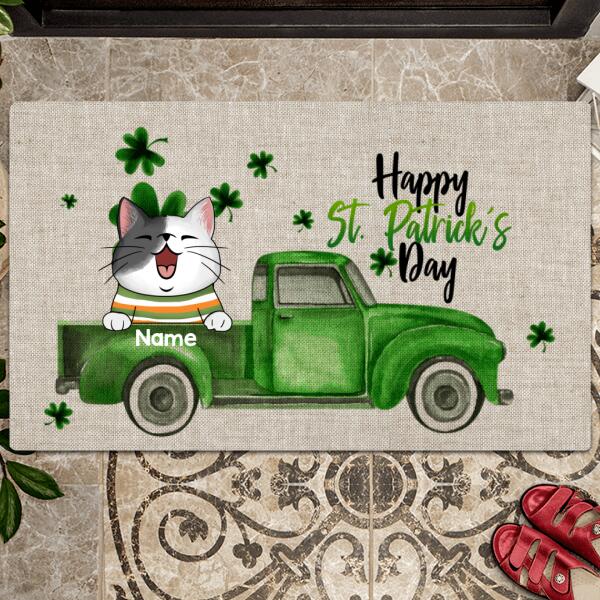 St. Patrick's Day Personalized Doormat, Gifts For Cat Lovers, Cats In Green Truck Front Door Mat
