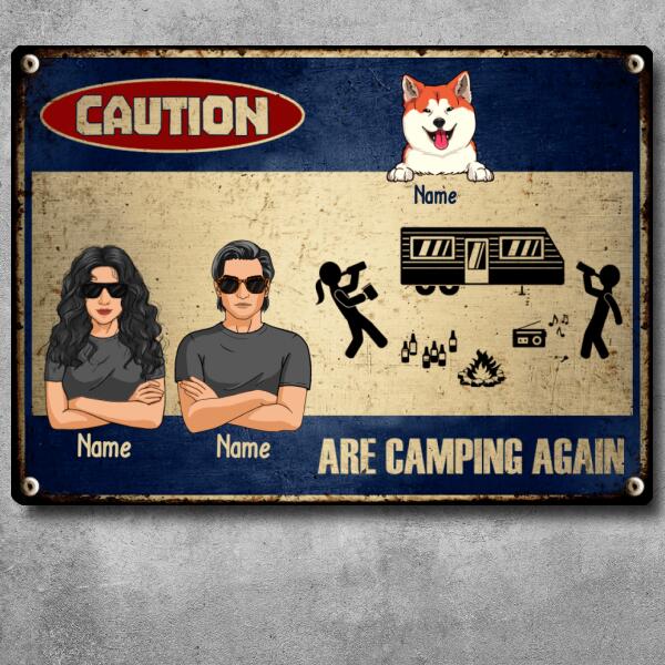 Pawzity Warning Metal Camping Signs, Gifts For Dog Lovers, Caution Are Camping Again Personalized Camping Signs