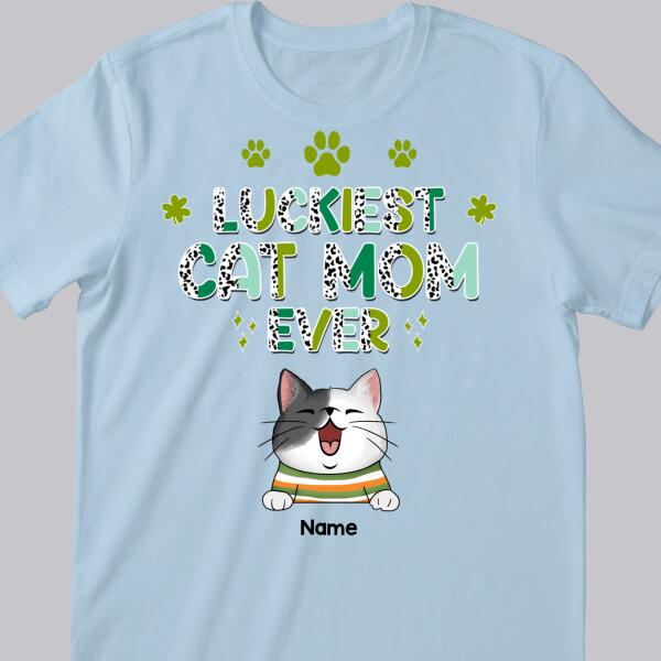 Luckiest Cat Mom Ever, Leopard T-shirt, Personalized Cat Breeds T-shirt, St. Patrick Day Gifts For Cat Moms