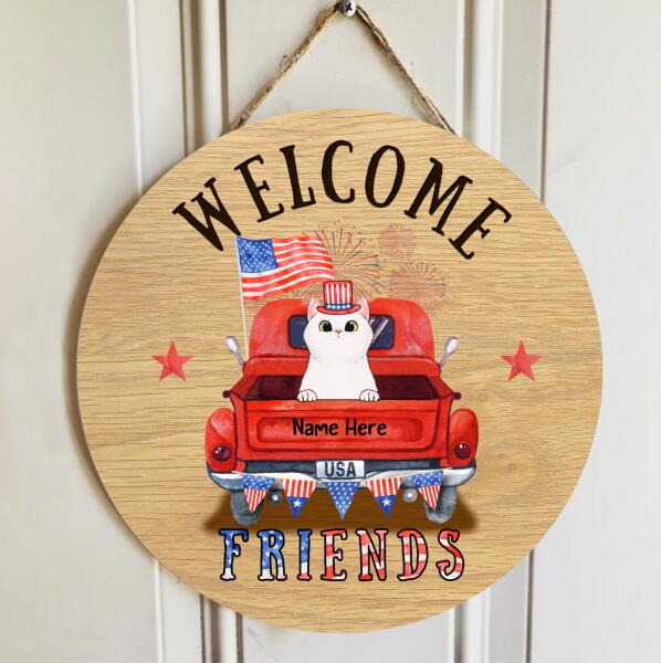 Pawzity Welcome Door Signs, Gifts For Cat Lovers, American Cats Wear Hat On Truck Custom Wood Signs , Cat Mom Gifts