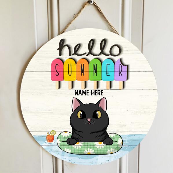 Welcome Summer Sign, Gifts For Cat Lovers, Hello Summer Time, Cat On Float & Ice Cream Personalized Wood Sign , Cat Mom Gifts