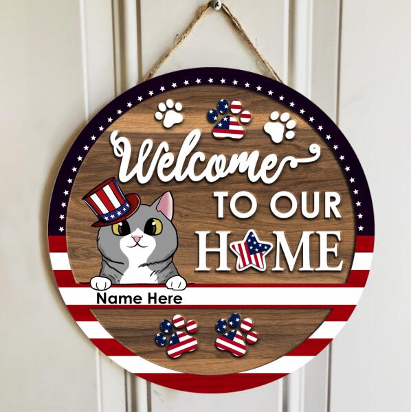 Pawzity Welcome To Our Home Signs, Gifts For Cat Lovers, American Flag Custom Wooden Signs , Cat Mom Gifts