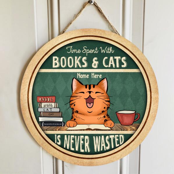 Pawzity Custom Wooden Signs, Gifts For Cat Lovers, Time Spent With Books And Cat Is Never Wasted , Cat Mom Gifts