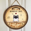 Pawzity Welcome Door Signs, Gifts For Cat Lovers, Woman's Cave Wild Women With Wine & Cats Custom Wooden Signs , Cat Mom Gifts