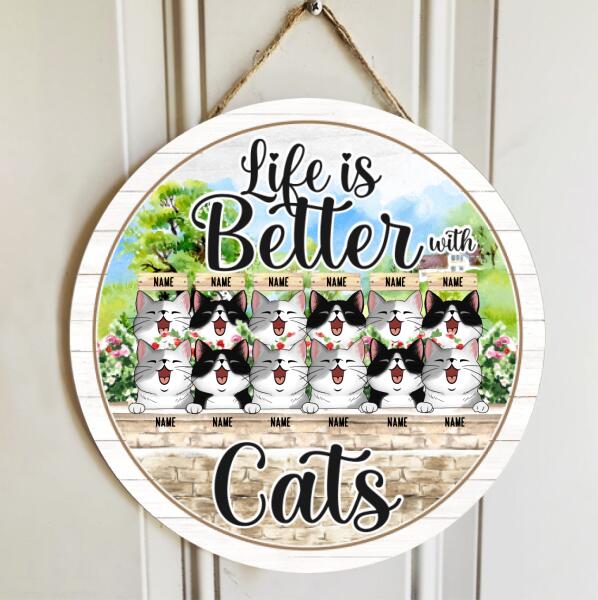 Pawzity Custom Wood Signs, Gifts For Cat Lovers, Life Is Better With Cats, Flowers Garden Personalized Wood Sign , Cat Mom Gifts