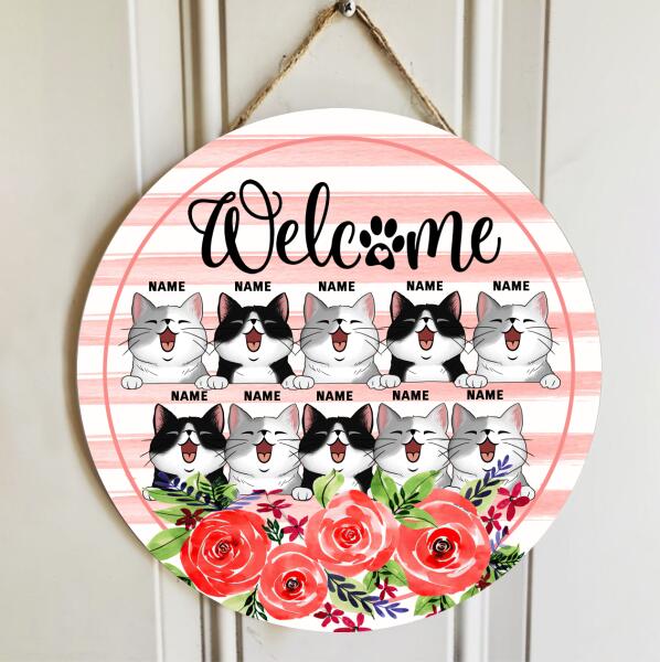 Pawzity Welcome Door Signs, Gifts For Cat Lovers, Pink Stripes Custom Wooden Signs , Cat Mom Gifts