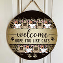 Pawzity Welcome Signs For Front Door, Leopard Custom Wooden Signs, Hope You Like Cats , Cat Mom Gifts