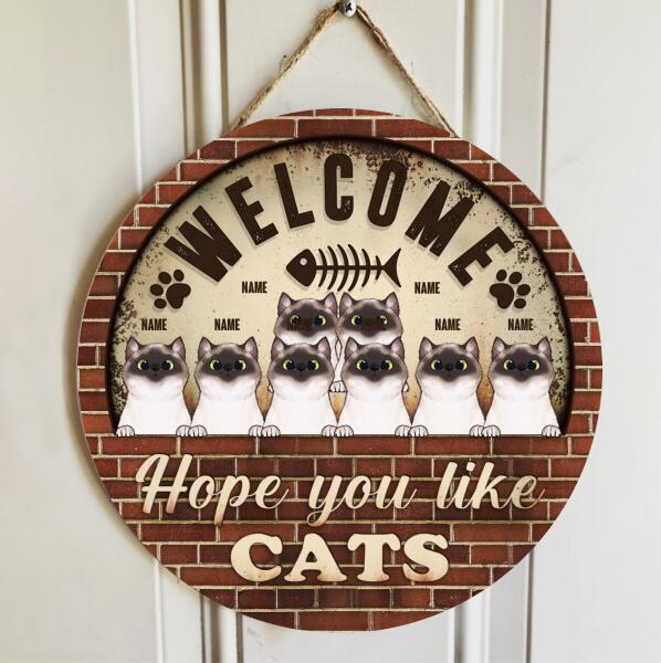 Pawzity Welcome Door Signs, Vintage Brick Wall Custom Wooden Signs, Hope You Like Cats , Cat Mom Gifts