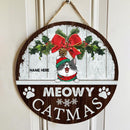 Christmas Cat Welcome Door Sign, Gift For Cat Lovers, Meowy Catmas Funny Signs, Vintage White & Brown , Cat Mom Gifts