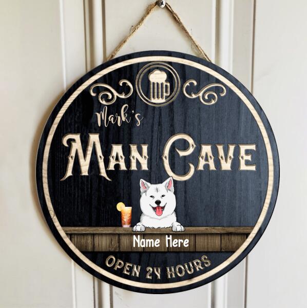 Man Cave Open 24 Hours, Black Background, Funny Gift For Dog Lovers, Personalized Dog Door Sign , Dog Mom Gifts