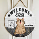 Pawzity Welcome Door Signs, Brick Wall Custom Wooden Signs, Hope You Like Cats , Cat Mom Gifts