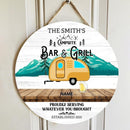 Pawzity Camping Signs, Gifts For Pet Lovers, Proudly Serving Whatever You Brought, Green Mountain & Yellow Camping Van