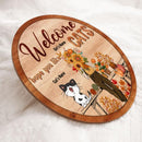 Pawzity Fall Welcome Door Signs, Girls And Cats With Fall Flowers Welcome Signs, Hope You Like Cats , Cat Mom Gifts