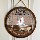 Pawzity Welcome Door Signs, Vintage Newspaper Print Front Door Sign, Life Is Better With Cats And Books , Cat Mom Gifts
