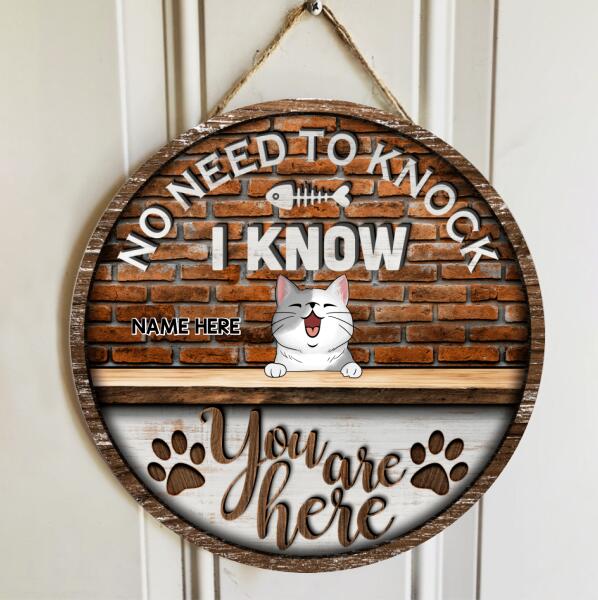 ﻿Pawzity No Need To Knock We Know You Are Here Signs, Gifts For Cat Lovers, Brick Wall Custom Wooden Signs , Cat Mom Gifts