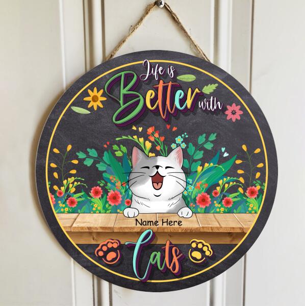 Pawzity Welcome Door Signs, Colorful Flowers Custom Wooden Signs, Life Is Better With Cats , Cat Mom Gifts