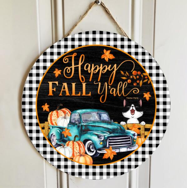 Pawzity Happy Fall Y'all Signs, Gifts For Cats Lovers, Pumpkin Truck Welcome Door Signs , Cat Mom Gifts