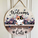 Pawzity Welcome Door Signs, Purple Butterflies And Flowers Custom Wooden Signs, Hope You Like Cats , Cat Mom Gifts