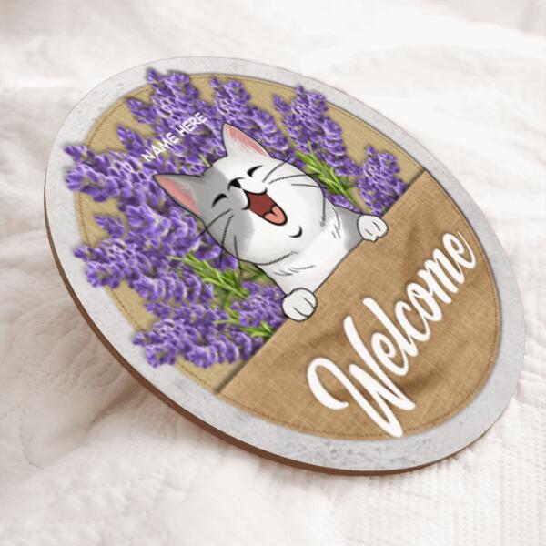 Pawzity Welcome Door Signs, Gifts For Cat Lovers, Lavender Flowers Custom Wooden Signs , Cat Mom Gifts