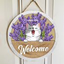 Pawzity Welcome Door Signs, Gifts For Cat Lovers, Lavender Flowers Custom Wooden Signs , Cat Mom Gifts