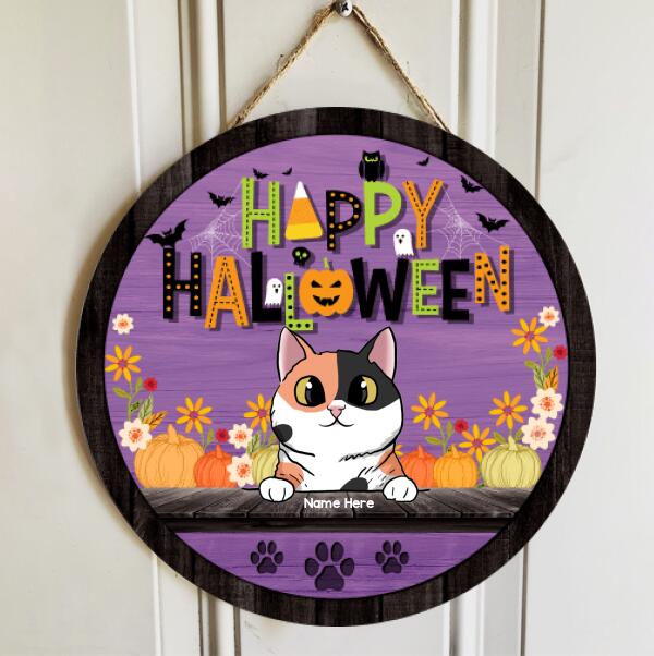 Halloween Welcome Sign, Happy Halloween Gifts For Cat Lovers, Flowers And Bats Custom Wooden Signs , Cat Mom Gifts