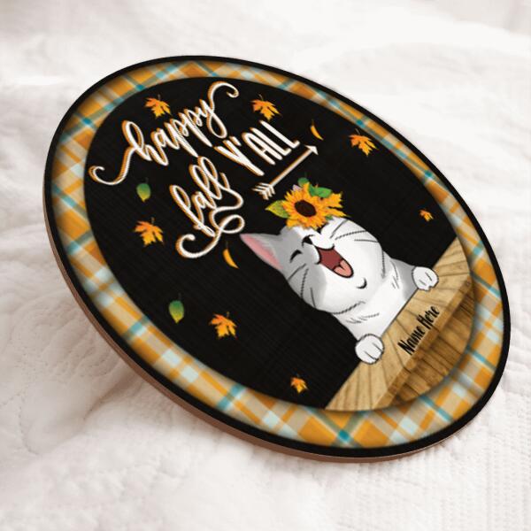 Pawzity Happy Fall Y'all Sign, Fall Gifts For Cat Lovers, Sunflower and Maple Leaves Welcome Door Signs , Cat Mom Gifts