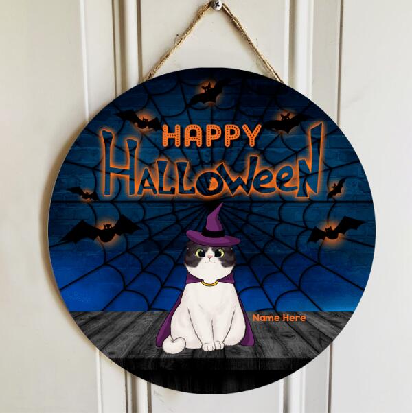 Halloween Welcome Sign, Happy Halloween Gifts For Cat Lovers, Spiderweb And Bat Custom Wooden Signs , Cat Mom Gifts