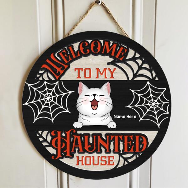 Halloween Welcome To Our Haunted House Sign, Halloween Decorations For Cat Lovers, Spiderweb Welcome Door Signs , Cat Mom Gifts