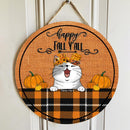 Pawzity Happy Fall Y'all Sign, Gifts For Cat Lovers, Orange Plaid Custom Wooden Signs , Cat Mom Gifts