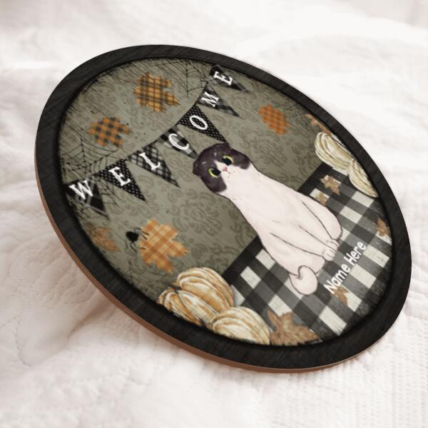 Pawzity Fall Welcome Signs, Fall Gifts For Cat Lovers, Plaid Custom Wooden Signs , Cat Mom Gifts