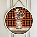 Halloween Trick Or Treat Welcome Door Signs, Halloween Gifts For Cat Lovers, Orange And Black Argyle Front Door Sign , Cat Mom Gifts