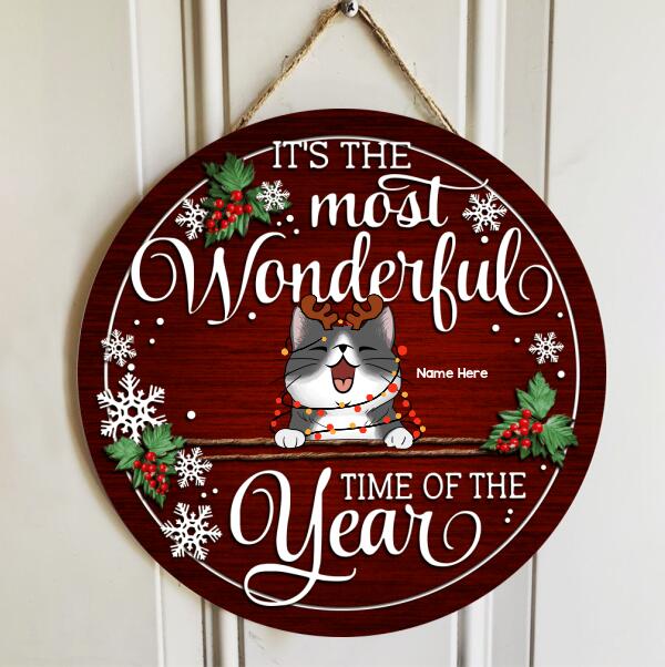 Christmas Door Decorations, Gifts For Cat Lovers, It's The Most Wonderful Time Of The Year Burgundy Background Welcome Door Signs , Cat Mom Gifts