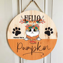 Pawzity Hello Pumpkin Welcome Door Signs, Fall Gifts For Cat Lovers, Autumn Custom Wooden Signs , Cat Mom Gifts
