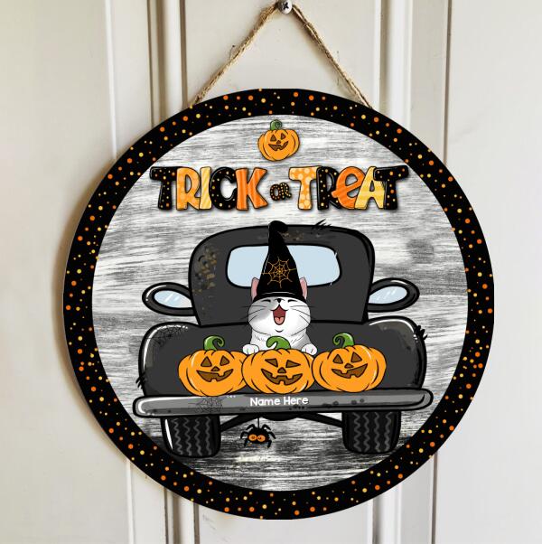 Halloween Trick Or Treat Welcome Signs, Halloween Gifts For Cat Lovers, Cats And Pumpkins On Truck Custom Wooden Signs , Cat Mom Gifts