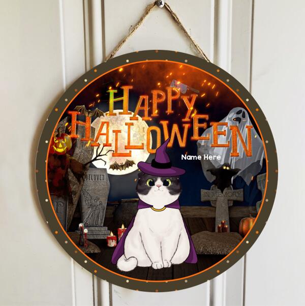 Halloween Custom Wooden Signs, Halloween Decorations For Cat Lovers, Ghost With Full Moon Welcome Signs , Cat Mom Gifts