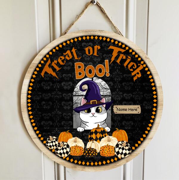 Halloween Trick Or Treat Signs, Witch Cats On Pattern Pumpkins Welcome Signs, Boo Gift For Cat Lovers , Cat Mom Gifts