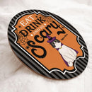 Halloween Eat Drink And Be Scary Signs, Halloween Decorations For Cat Lovers, Black And Gray Striples Welcome Door Signs , Cat Mom Gifts