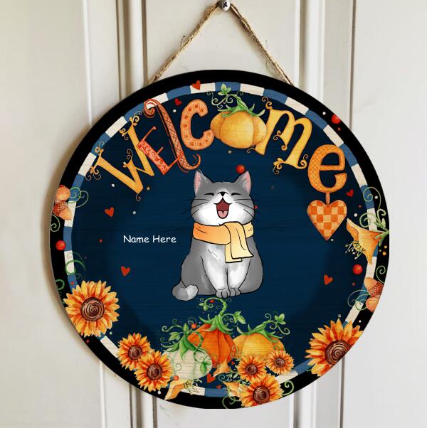 Pawzity Welcome Door Signs,  Fall Gifts For Cat Lovers, Fall Flowers Custom Wooden Signs , Cat Mom Gifts