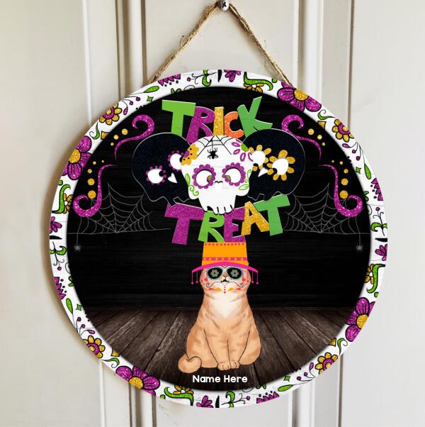 Halloween Trick Or Treat Signs, Flowers Skull Welcome Sign For Front Door, Gifts For Cat Lovers , Cat Mom Gifts