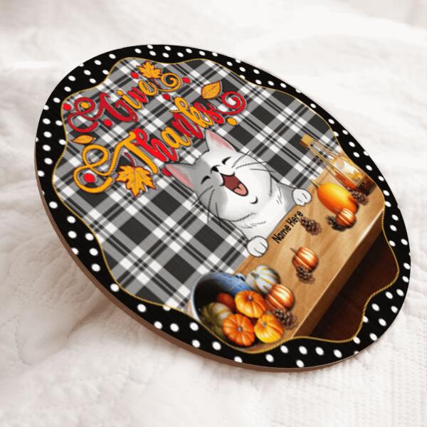 Thanksgiving Welcome Signs, Fall Gifts For Cat Lovers, White Plaid Custom Wooden Signs , Cat Mom Gifts