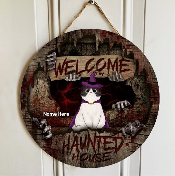 Halloween Welcome To Our Haunted House Signs, Halloween Gifts For Cat Lovers, Blood Letters Wooden Signs , Cat Mom Gifts