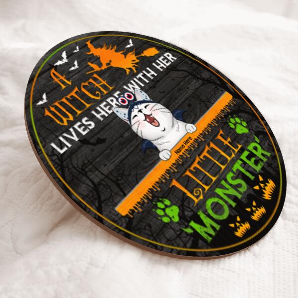 Halloween A Witch Lives Here With Her Little Monsters Signs, Halloween Welcome Door Signs, Gifts For Cat Lovers , Cat Mom Gifts