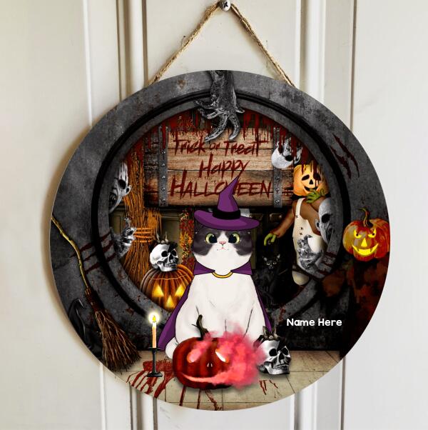 Halloween Trick Or Treat Welcome Door Signs, Scary Peeking Custom Wooden Signs, Happy Halloween Gifts For Cat Lovers , Cat Mom Gifts